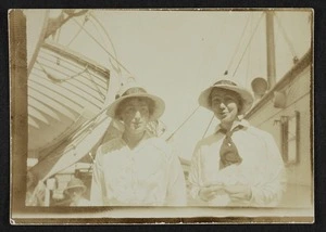 Two young women, probably Agnes Isobel and Mary Vida Pearce, on the deck of a ship
