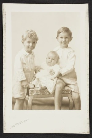 Studio portrait of three boys of Agnes and Thomas Duncan Macgregor Stout