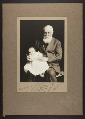 Portrait of Sir Robert Stout with infant grandchild Robert Henry Trevor Holmden