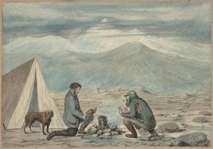 Abbot, Edward Immyns, d 1849 :[A high country surveyors' camp in bleak conditions, Otago. ca 1847].