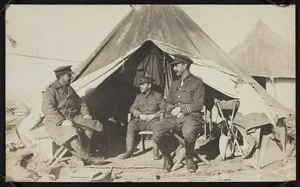 Thomas Duncan McGregor Stout, Major Acland and Captain Isaacs in army uniform sitting in front of their tent, during World War One.