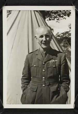 Thomas Duncan McGregor Stout in army uniform outside a tent, during World War Two