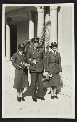 Thomas Duncan McGregor Stout with Mary Latham and Christine Farrer outside Cairo Cathedral, Egypt , during World War Two