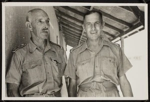 Thomas Duncan McGregor Stout and L R Boyd outside sleeping huts at Maadi Camp, Egypt