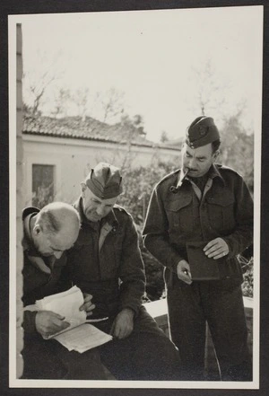 Thomas Duncan Macgregor Stout, with King and Macdonald on balcony of officers quarters, Kiphisia, Athens, during World War Two
