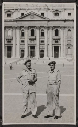 Thomas Duncan McGregor Stout and an unidentified man in front of St Peters, Rome, during World War Two