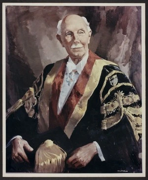 Copy of painting by Peter McIntyre of Thomas Duncan Macgregor Stout in his Chancellor's robes