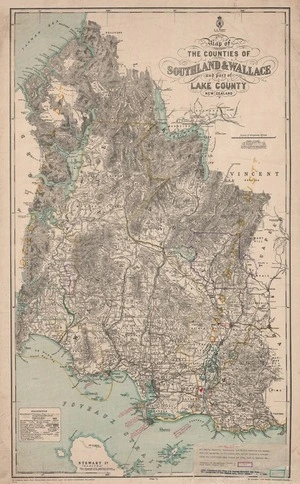 Map of the counties of Southland & Wallace and part of Lake County, New Zealand / compiled and drawn by W. Deverell, additions to March 1916.