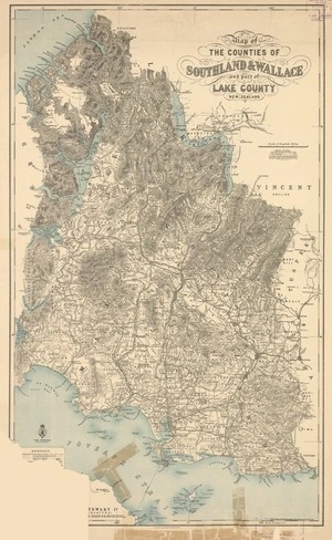 Map of the counties of Southland & Wallace and part of Lake County, New Zealand.