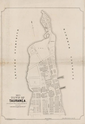 Sec. 1, town of Tauranga / surveyd. by Messrs. Warner, Goldsmith and Turner 1865 to 1878 ; W.E. Ballantyne, Drftm.