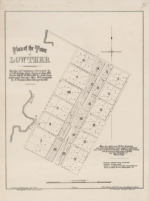Plan of the town of Lowther / Blocks I to V inclusive surveyed by J.A. McArthur (Dist. Surveyor) Aug. 1863, Blocks XIII, XIV, XV, XXII & XXIV by John Innes (Authorised Surveyor) May 1877, remainder by N. Prentice (Dist. Surveyor) Oct. 1877 ; drawn by W. Deverell.