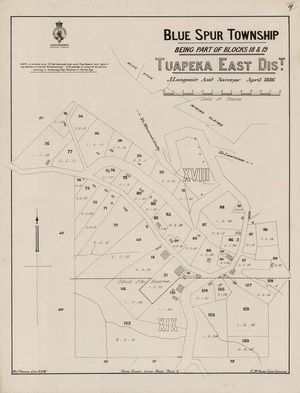 Blue Spur township : being part of blocks 18 & 19, Tueapeka East Dist. / J Langmuir asst. surveyor, April 1886 ; W.J. Percival lith 3.8.86.