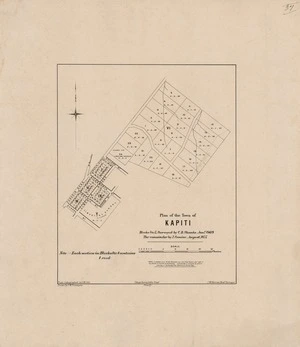 Plan of the town of Kapiti [electronic resource] / surveyed by C.B. Shanks, Jany. 1869, the remainder by J. Cumine, August, 1875 ; photo-lithographed by A. McColl ; drawn by F.W. Flanagan ; J. McKerrow, chief surveyor.