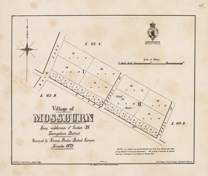 Village of Mossburn : being subdivision of section 98, Taringatura District / surveyed by Norman Prentice District Surveyor, November 1879 ; drawn by James Fraser.