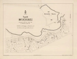 Town of Moeraki / / surveyed by G.M. Barr, Septr. 1863 & G. Mackenzie, May 1881; W.J. Percival lith 26.8.81.