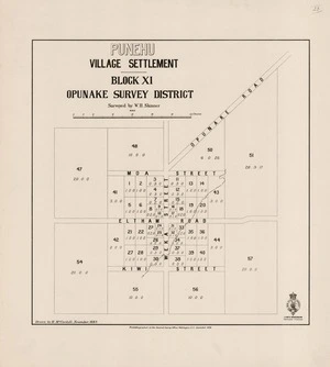 Punehu village settlement : Block XI Opunake Survey District / surveyed by W.H. Skinner ; drawn by H. McCardell, November 1883.