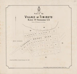 Plan of the village of Tiniroto : Block XV Hangaroa S.D. / surveyed by H. Ellison, contract surveyor, Oct 1882 ; D.W. Macffarlane, delt.