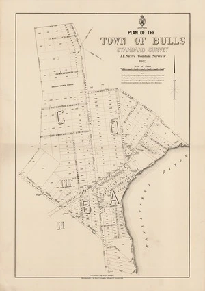 Plan of the town of Bulls, standard survey / J.F. Sicely, assistant surveyor, 1882 ; drawn by F.J. Halse ; J.W.A. Marchant, chief surveyor, Wellington.