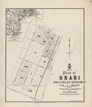Plan of Orari town and village settlement, Block X, Geraldine / surveyors, G.H.M. McClure, Octr. 1886, G.S. Anderson, April 1879.