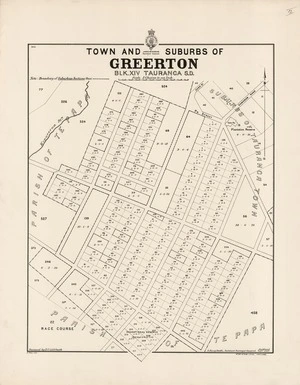 Town and suburbs of Greerton : BLK, XIV Tauranga S.D. / surveyed by E.C. Gold Smith.