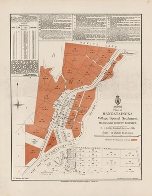 Plan of Mangatainoka, village special settlement : Mangahao Survey District / H.J. Lowe, assistant surveyor, 1886 ; C.T.H. Brown, delr.