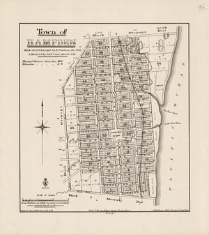 Town of Hampden [electronic resource] : blocks 1 to 63 surveyed by E. Fairburn, Nov. 1860 & block 64 by J.E.F. Coyle, March 1870 / drawn by A.J. Morrison, 27.4.87.