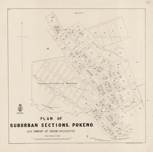 Plan of suburban sections, Pokeno : old township of Pokeno reclassified / surveyed by F.H. Edgecumbe, dist surveyor Oct. 1890.