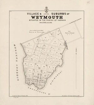 Village & suburbs of Weymouth : situated in the parish of Karaka / surveyed by J. Baber & A.H. Vickerman, 1885 ; J.R. Vaile jr. delt.