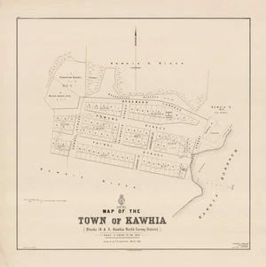 Map of the town of Kawhia : (blocks IX & X, Kawhia North Survey District / surveyed by F.H. Edgecumbe, March 1883 ; drawn by A. Jarman.
