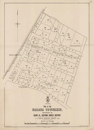 Plan of the Parata township, situated in Block IX, Kaitawa Survey District [electronic resource] / F.J. Halse, delt. : R.B. Martin, surveyor, January 1897.