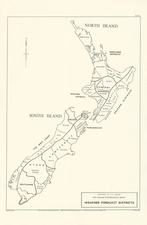 Weather forecast districts : [New Zealand] / Department of Civil Aviation, New Zealand Meteorological Service ; drawn by the Dept. of Lands & Survey, N.Z.