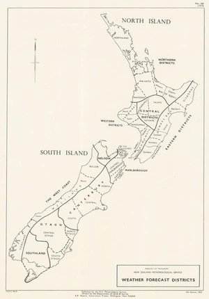 Weather forecast districts : [New Zealand] / Ministry of Transport, New Zealand Meteorological Service ; drawn by the Department of Lands & Survey.