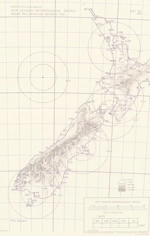 Radar precipitation reports map : [New Zealand] / Department of Civil Aviation, New Zealand Meteorological Service ; drawn by the Department of Lands & Survey.