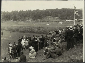 Group watching rows of World War I soldiers, Newtown Park, Wellington