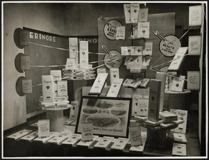 Window display of Erinore cotton sheets, James Smith's department store, Wellington.