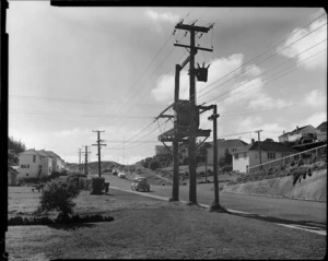 Suburban street, with electrical power transformer, Porirua, Wellington