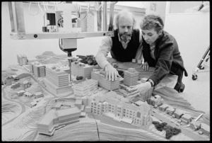 Professor Helen Tippett and David Reed with model of Victoria University campus