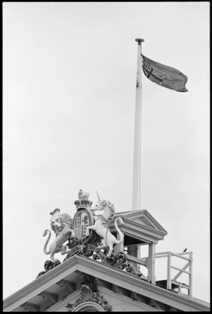 New Zealand flag flying upside down on Government Buildings, Wellington - Photograph taken by Ross Giblin