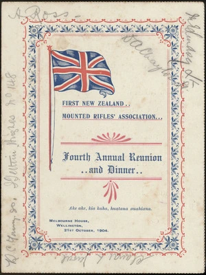 First New Zealand Mounted Rifles Association :Fourth annual dinner, Melbourne House, Wellington, 21st October 1904 [Menu and toast list, front cover].