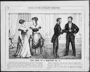 [Cartoonist unknown]:Two sides to a question - no. II. Punch, or the Auckland Charivari, 30 February 1869 (p.100).