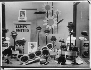 Window display of men's hats, James Smith's department store, Wellington.