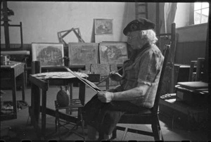 Frances Mary Hodgkins painting in her studio at Corfe Castle