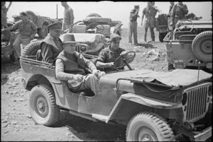 Prime Minister Peter Fraser in a jeep with General Bernard Cyril Freyberg, Cassino, Italy - Photograph taken by George Frederick Kaye
