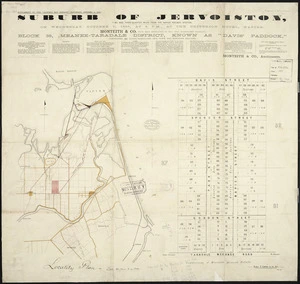 Suburb of Jervoiston, two and three-quarter miles from the Napier Railway Station ... block 38 : Meanee-Taradale district known as "Davis' Paddock" comprising 80 acres, subdivided into town and suburban sections / [surveyed by] C.D. Kennedy.