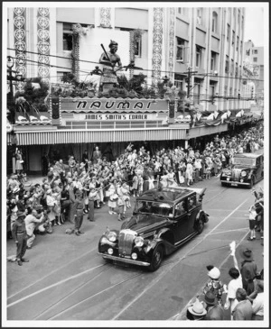 Royal procession passing James Smith's corner, Wellington. Photograph taken by Dennis Hodgson