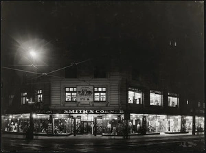 Night view of shop windows in James Smith's department store, Wellington - Photograph taken by Frank Giles Barker.
