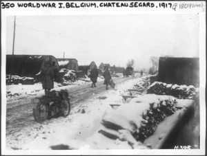 Snowy conditions at New Zealand headquarters, Chateau Segard, Belgium, during World War I