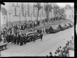 Crowds and a hearse outside St John's Church, Willis Street, Wellington