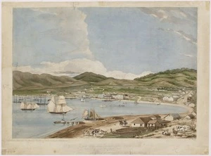 Heaphy, Charles 1820-1881 :View of a part of the town of Wellington, New Zealand, looking towards the south east, comprising about one-third of the water-frontage [drawn] in September 1841 by C Heaphy, Draftsman to the New Zealand Company