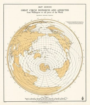 Map showing great circle distances and azimuths from Wellington to all parts of the world.